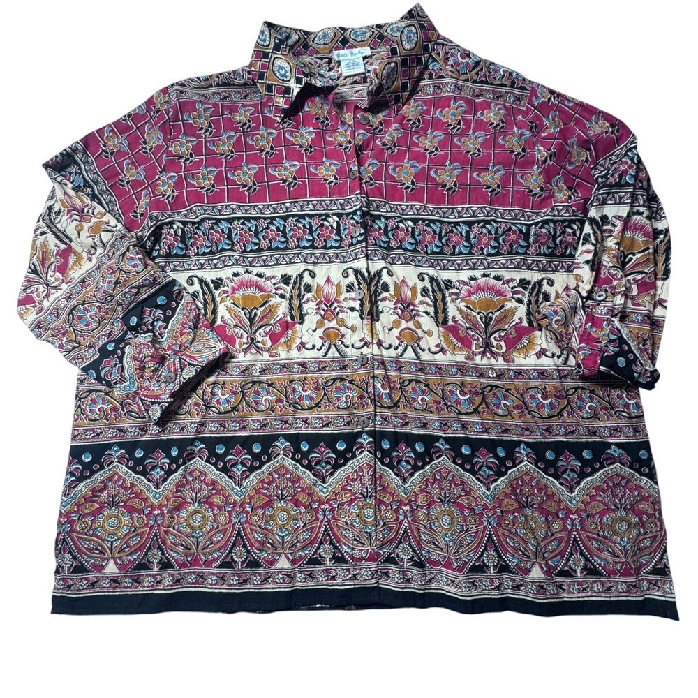 Ulla Popken Button Down Top Women 24/26 Pink Multi Floral Boho Art To Wear